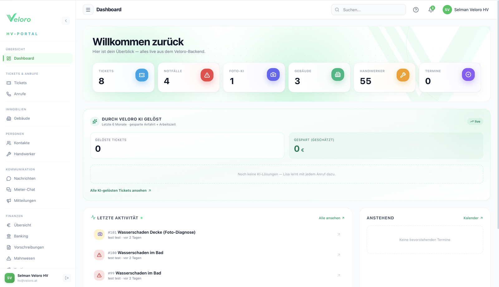 Veloro HV-Dashboard mit Objekten, Tickets, Notfällen und KI-gelösten Fällen